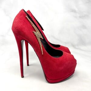 Giuseppe Zanotti Sharon Rhinestone Lightning Bolt Suede Platform Heels Red 38